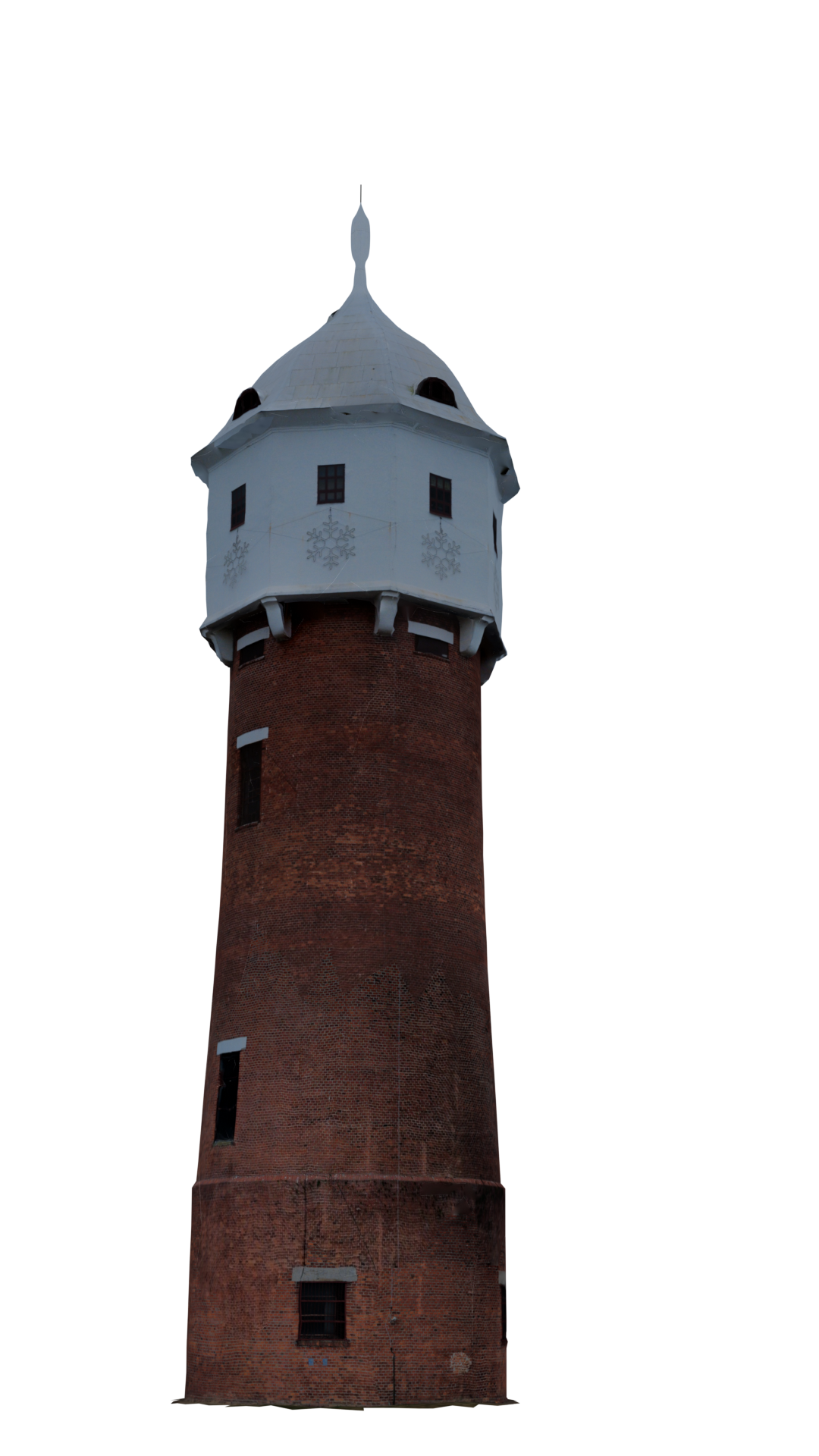 Textured photogrammetric reconstruction of the Grodków water tower, showing its brick shaft and white upper structure.