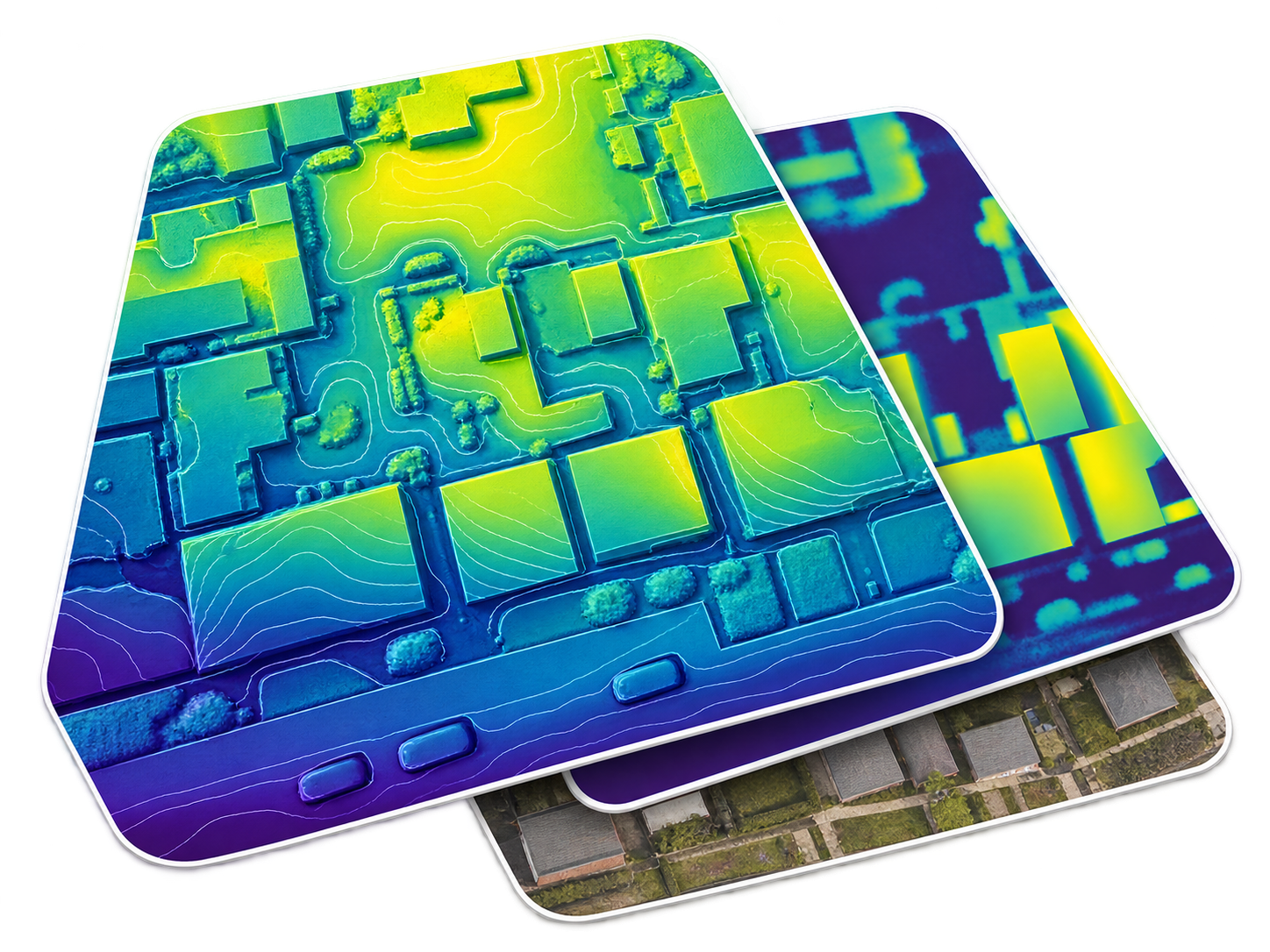 Overlaid elevation, contour and orthophoto layers