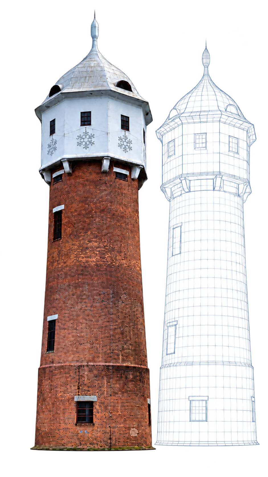 Tower reconstruction alongside its 3D point cloud